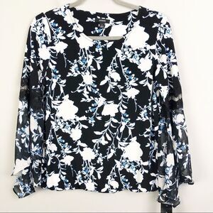 ALFANI | NEW Floral Bell Sleeve Top Lace Accent Black White Blue Women’s Size S